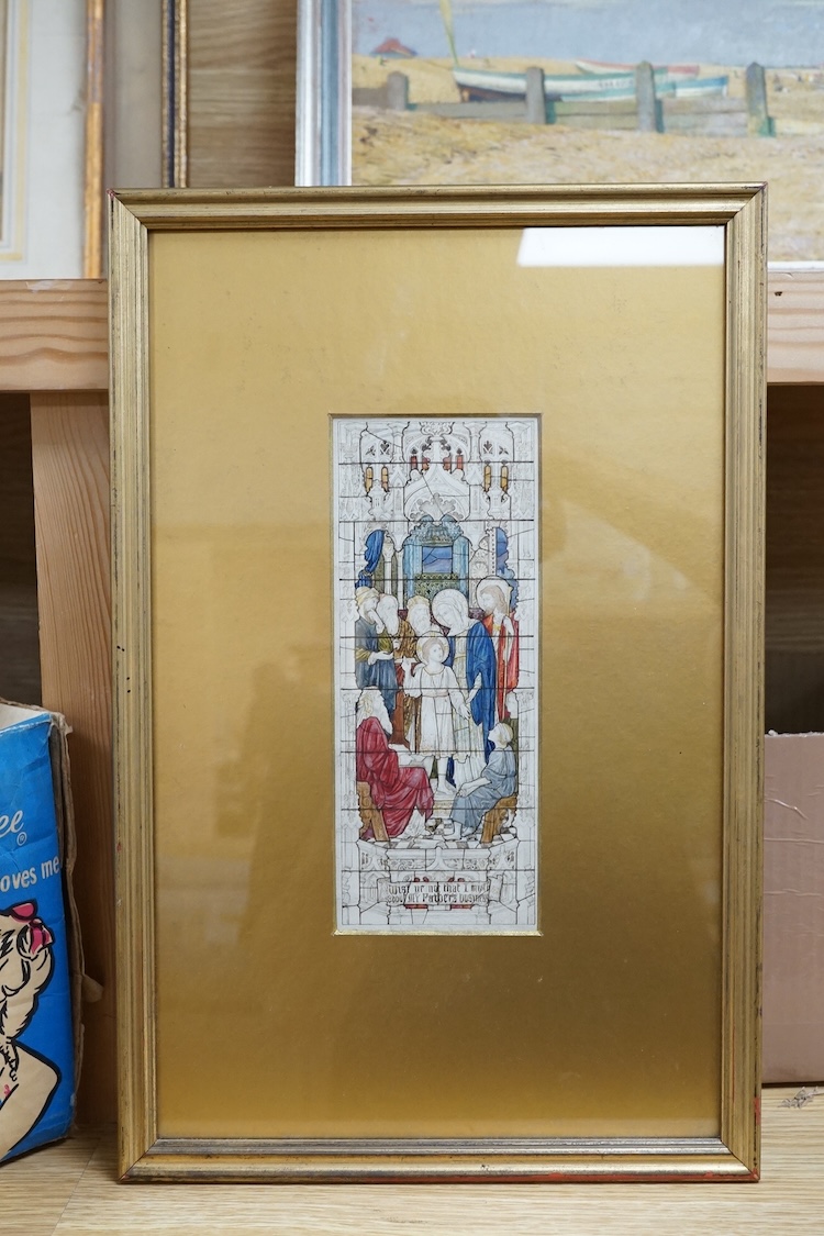 J Powell and Sons for Whitefriars Glassworks London, original watercolour design for stained glass window in Woodhouse Church, 20 x 8cm. Condition - good